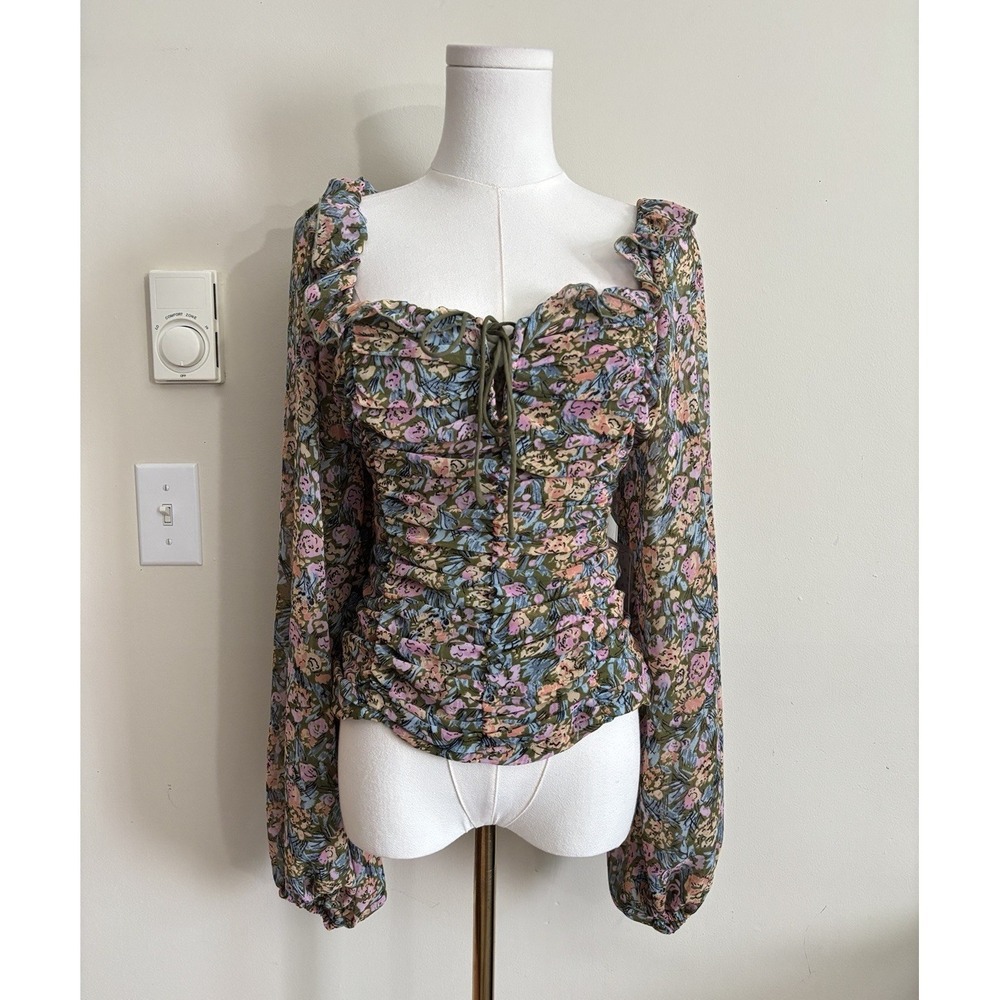 NWT Free People Garden Floral Top Fairy Boho Large Ruffle Smocked Stretch Mabel‎